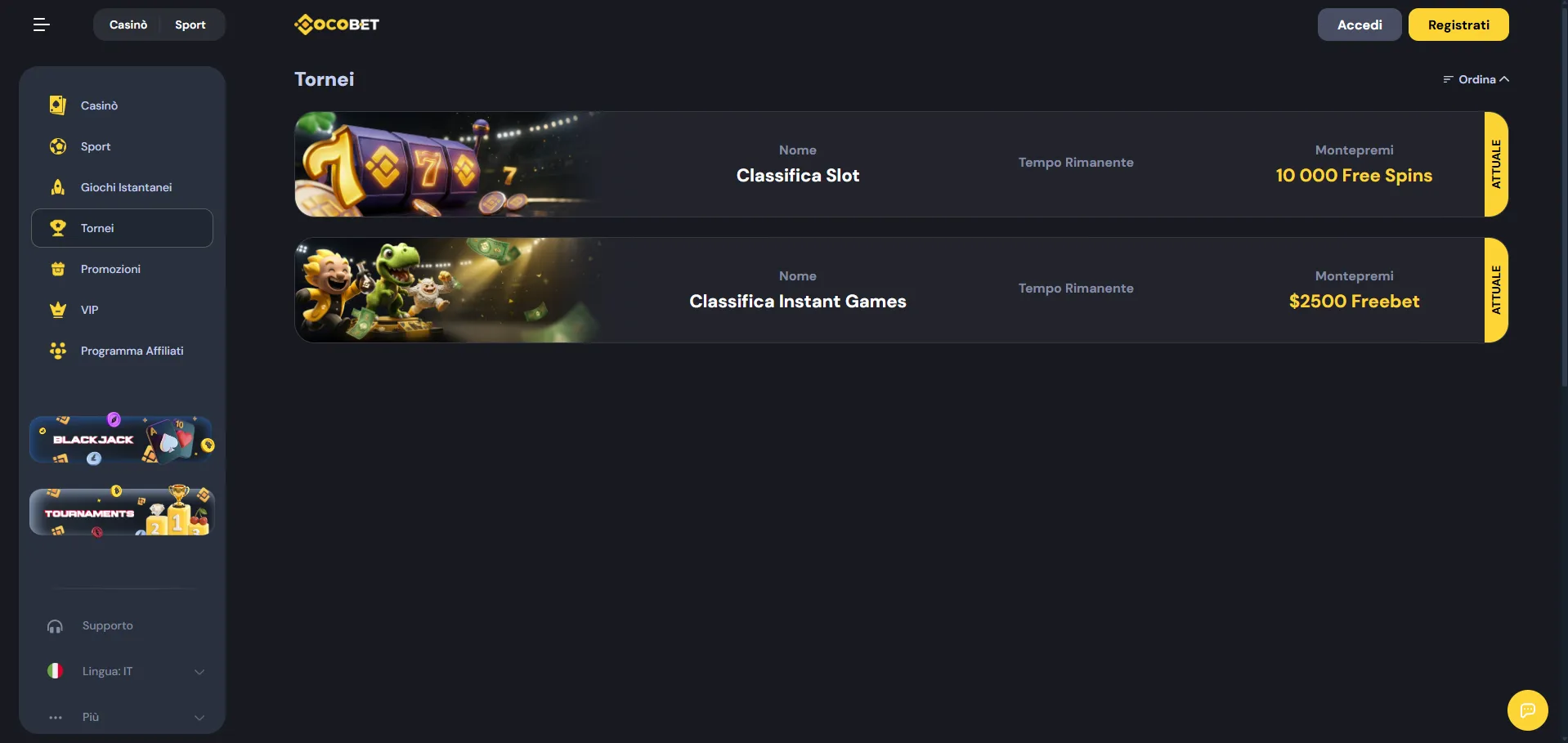 Pagina tornei di Cocobet con le classifiche settimanali