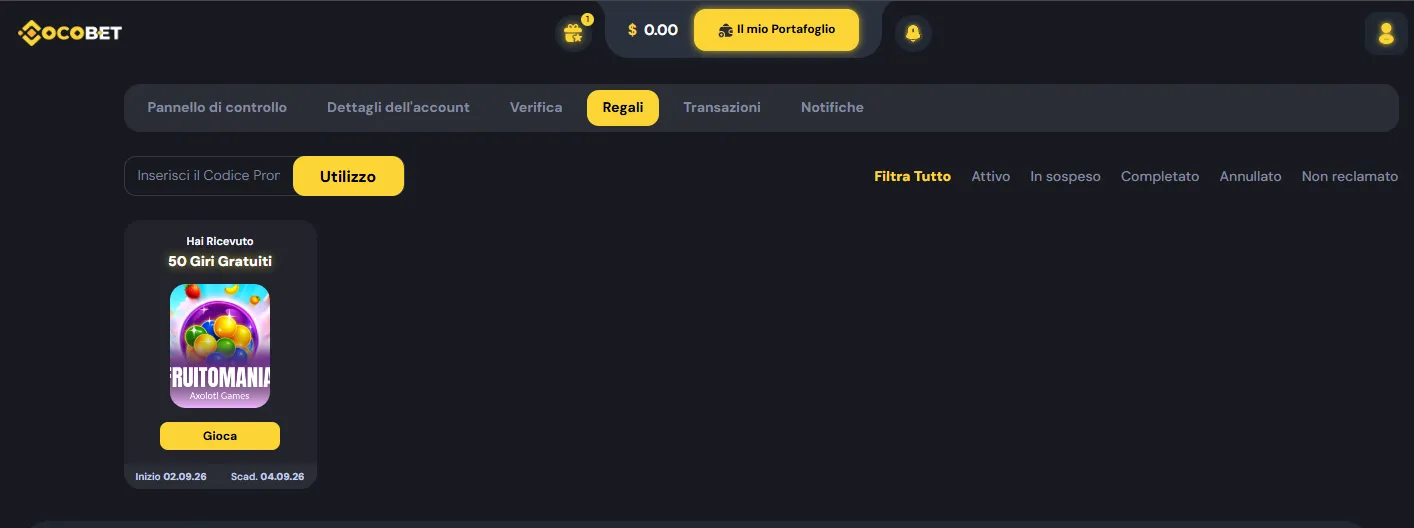 50 giri gratis accreditati nella sezione regali di Cocobet