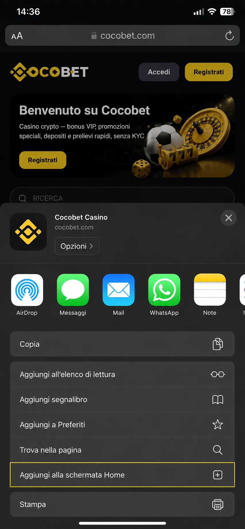 Aggiungi Cocobet alla schermata Home su iOS