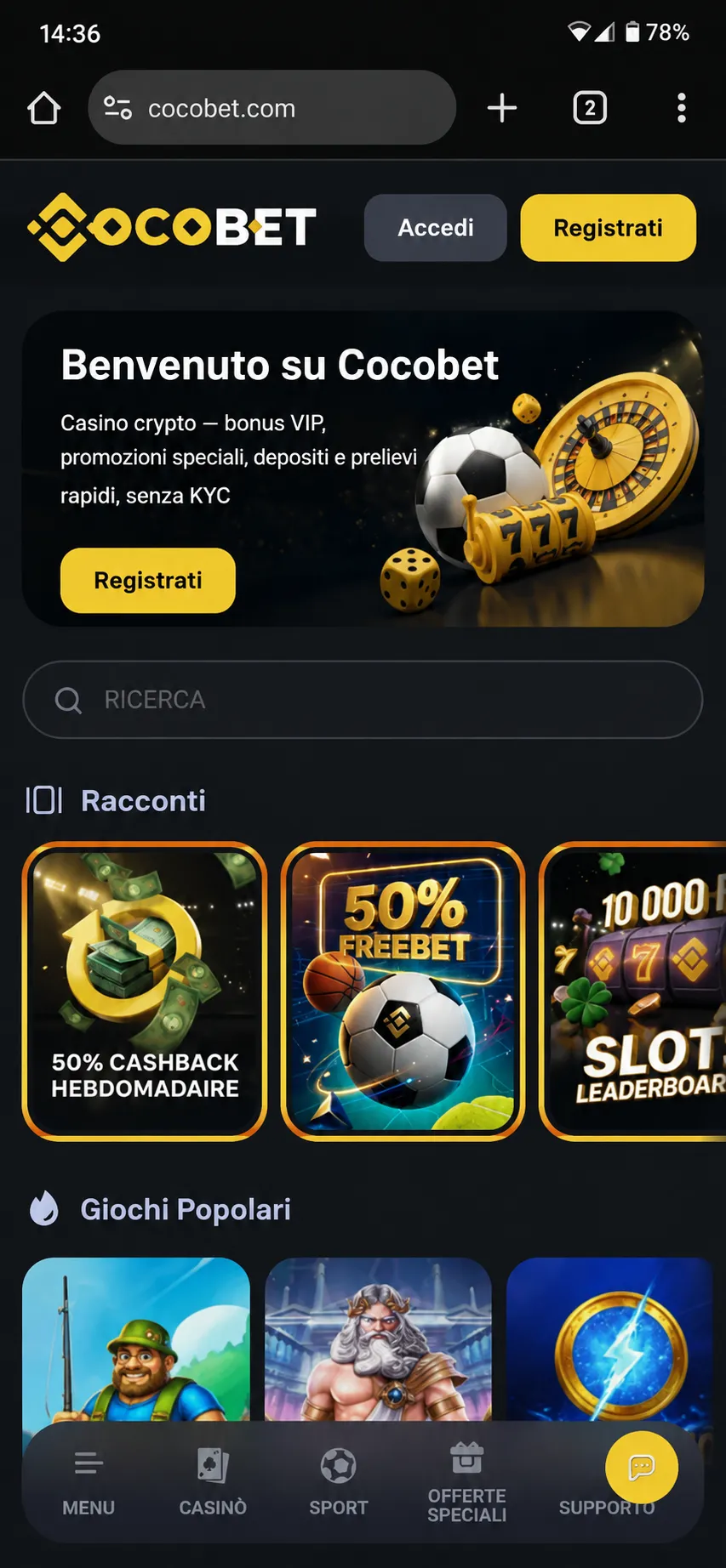 Cocobet aperto nel browser Android