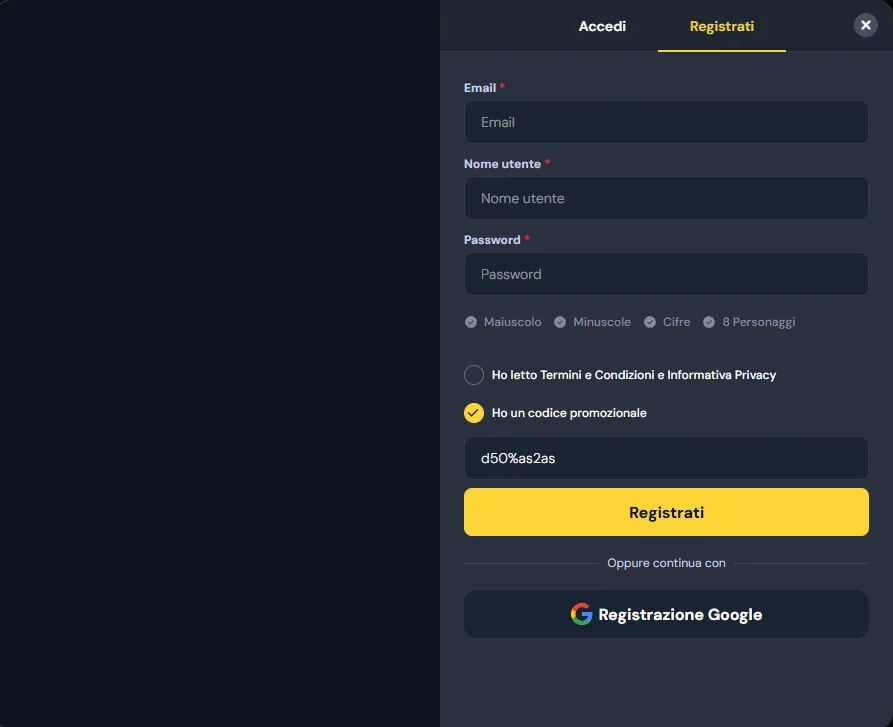 Form di registrazione Cocobet con il codice promozionale inserito