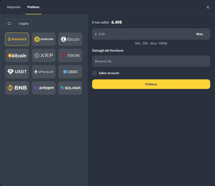 Pagina di prelievo di Cocobet con limiti e dettagli del fornitore