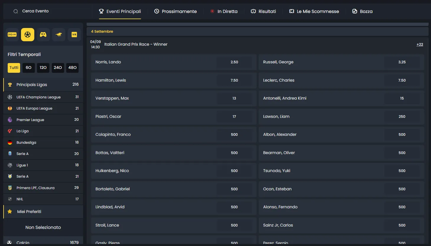Palinsesto eventi principali del sportsbook Cocobet