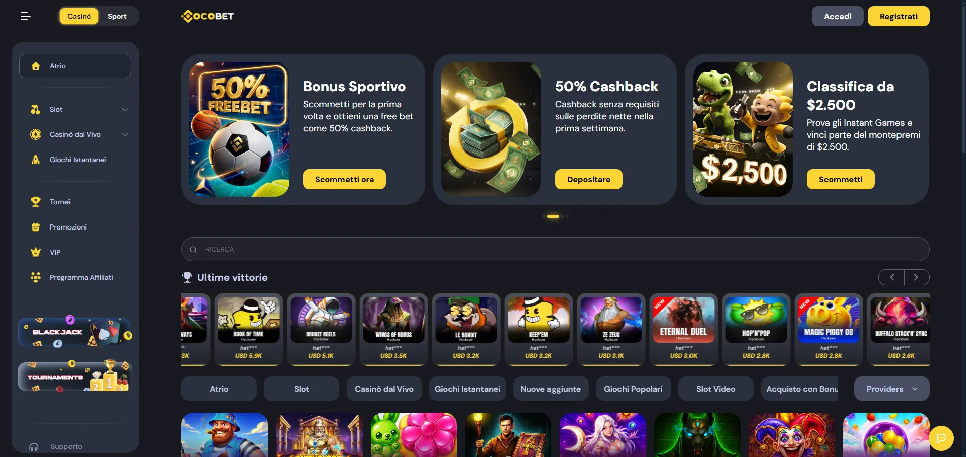 Homepage e lobby del casino Cocobet su desktop