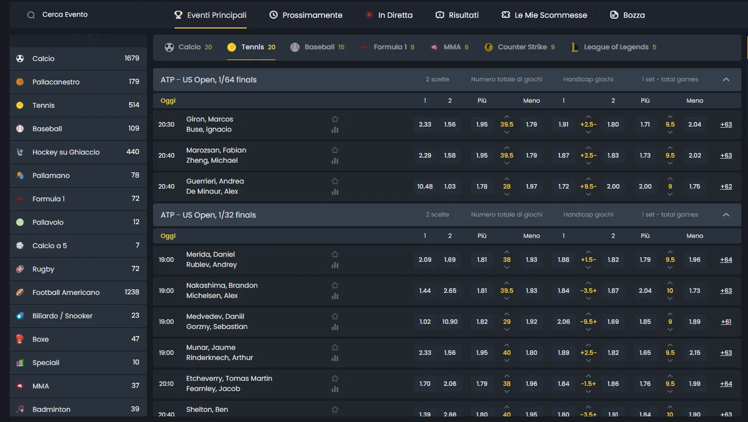 Menu delle categorie sportive di Cocobet